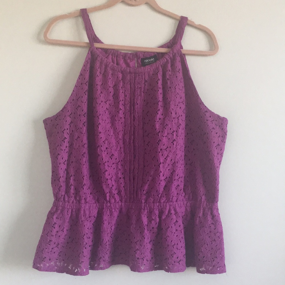Peplum lace overlay top